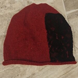 Women's Red Knit Beanie Hat with Lace Accent